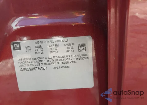 2012 Chevrolet Cruze Ls z USA, uszkodzony, nr VIN 1G1PC5SH1C7244587